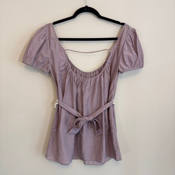 Emannuelle Junqueira Blouse Womens L Purple Scoop Neck Belted Puff Sleeve Formal - Picture 2 of 9